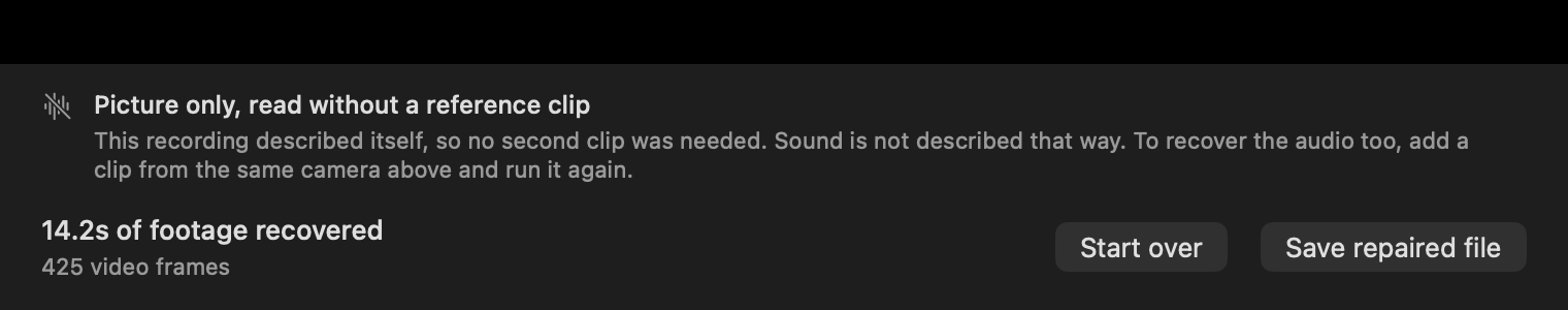 The result bar: 14.2 seconds of footage recovered, 425 video frames, with a button to save the repaired file.