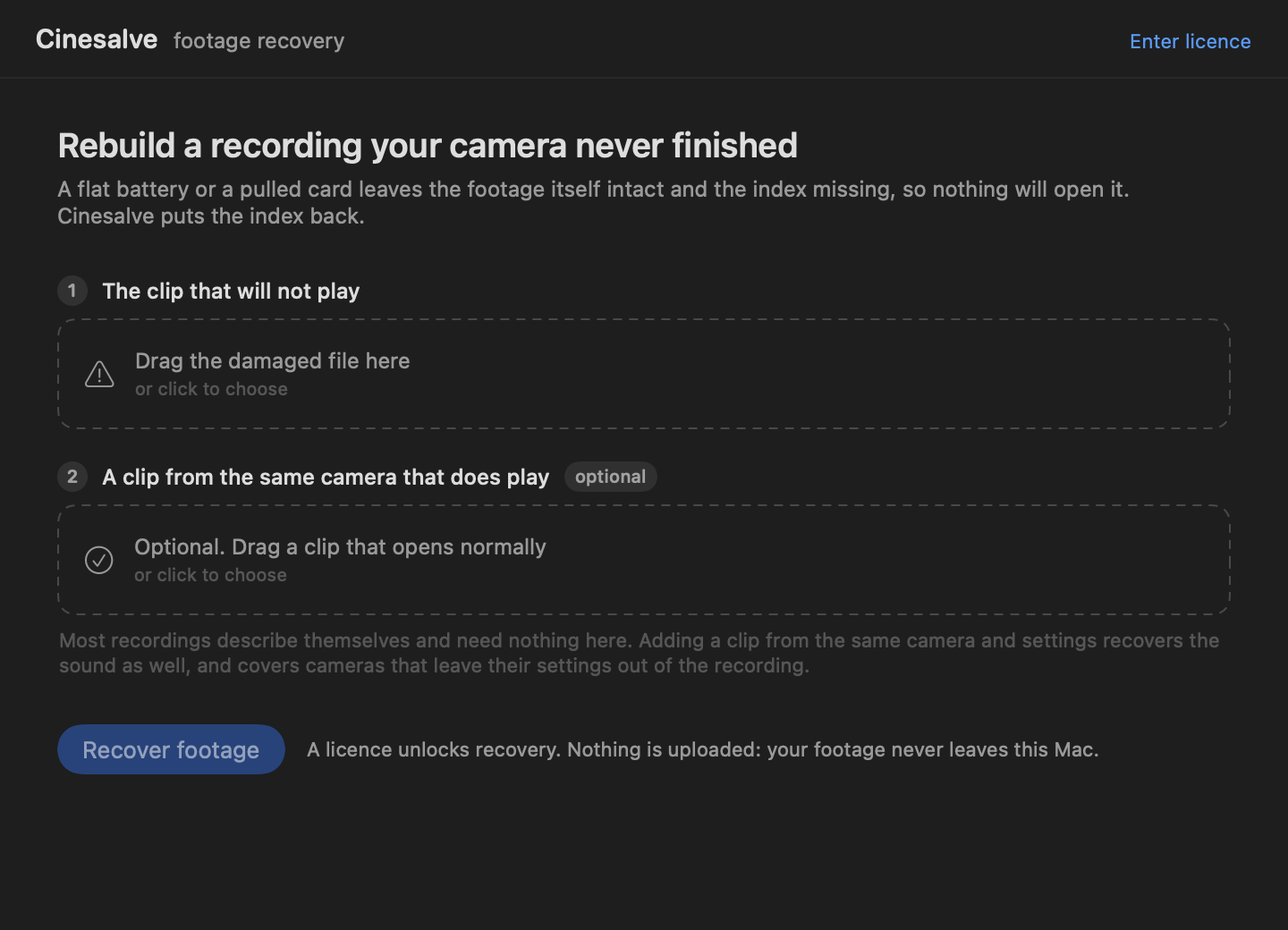 Cinesalve: one drop zone for the clip that will not play, and a second marked optional for a clip from the same camera.